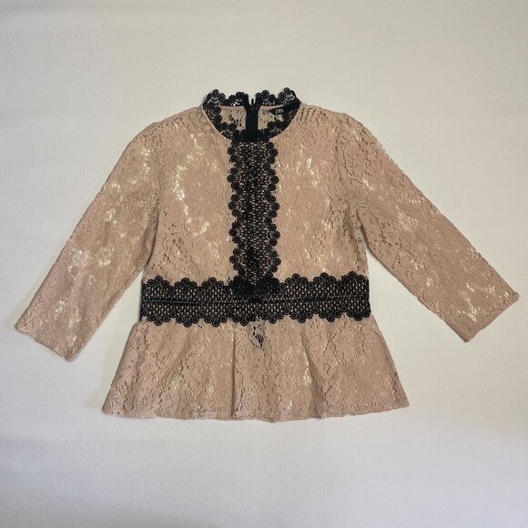 ZARA Lace Sheer Top XS Beige Black Floral High Neck Victorian Romantic Boho Lacy - Picture 9 of 15